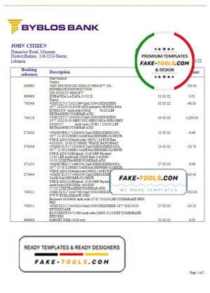 Lebanon Byblos Bank statement template in Word and PDF format