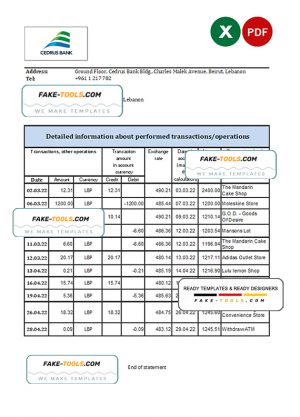 Lebanon Cedrus bank statement Excel and PDF template