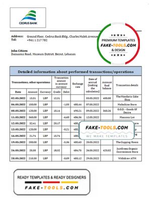 Lebanon Cedrus Bank statement template in Word and PDF format Lebanon Cedrus Bank statement template in Word and PDF format