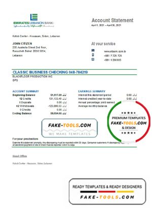 Lebanon Emirates Lebanon Bank statement template in Excel and PDF format, good for address prove Lebanon Emirates Lebanon Bank statement template in Excel and PDF format, good for address prove