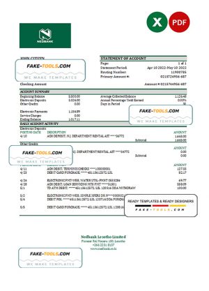 Lesotho Nedbaank bank statement Excel and PDF template Lesotho Nedbaank bank statement Excel and PDF template