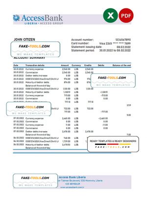 Liberia Access Bank statement Excel and PDF template Liberia Access Bank statement Excel and PDF template