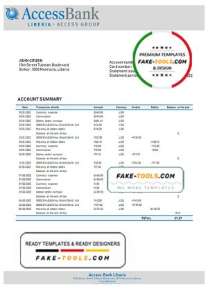 Liberia Access bank statement template in Word and PDF format Liberia Access bank statement template in Word and PDF format
