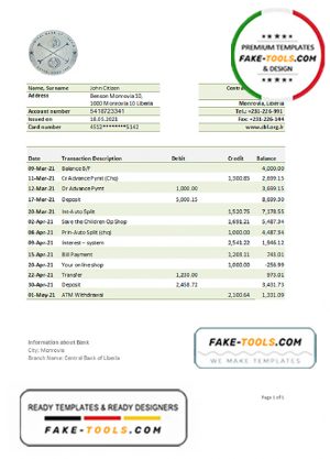 Liberia Central Bank of Liberia bank statement easy to fill template in .xls and .pdf file format