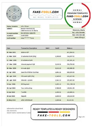 Liberia Central Bank of Liberia bank statement template in Word and PDF format