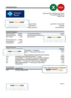 Liberia Global Bank statement Excel and PDF template