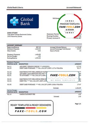 Liberia Global bank statement template in Word and PDF format