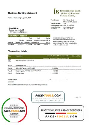 Liberia IB International Bank proof of address statement template in .xls and .pdf file format