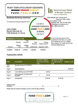 Liberia IB International Bank proof of address statement template in Word and PDF format