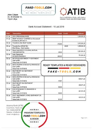 Libya Assaray (ATIB) bank statement easy to fill template in Word and PDF format