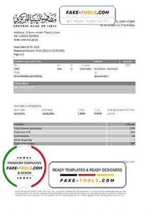 Libya Central Bank of Libya proof of address bank statement template in Excel and PDF format (.xls and .pdf)
