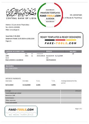 Libya Central Bank of Libya proof of address bank statement template in Word and PDF format (.doc and .pdf)