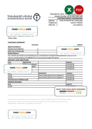 Libya Jumhouria bank statement Excel and PDF template