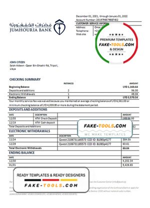 Libya Jumhouria Bank statement template in Word and PDF format