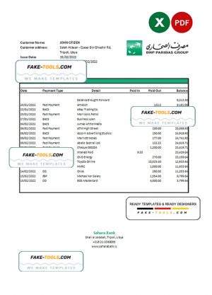 Libya Sahara Bank statement Excel and PDF template