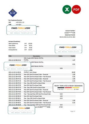Liechtenstein LGT bank statement Excel and PDF template