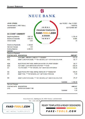 Liechtenstein Neue Bank AG bank statement easy to fill template in .xls and .pdf file format