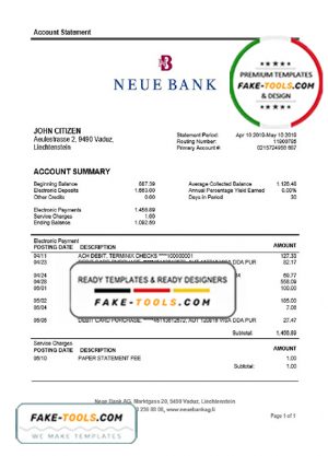 Liechtenstein Neue Bank AG proof of address statement template in Word and PDF format