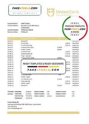 Liechtenstein Union Bank AG bank statement easy to fill template in Excel and PDF format Liechtenstein Union Bank AG bank statement easy to fill template in Excel and PDF format