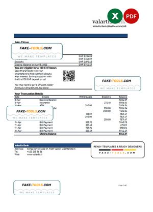 Liechtenstein Valartis bank statement Excel and PDF template Liechtenstein Valartis bank statement Excel and PDF template