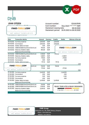 Lithuania DNB bank statement Excel and PDF template