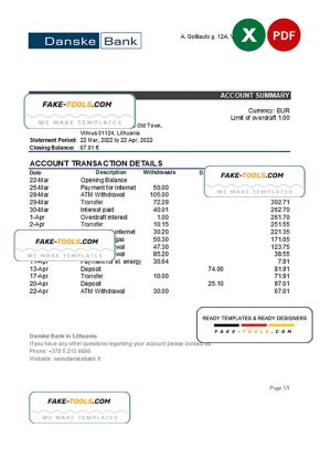 Lithuania Danske bank statement Excel and PDF template Lithuania Danske bank statement Excel and PDF template