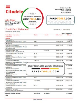 Lithuania (Litva) Citadele bank credit card statement template in Word and PDF format Lithuania (Litva) Citadele bank credit card statement template in Word and PDF format