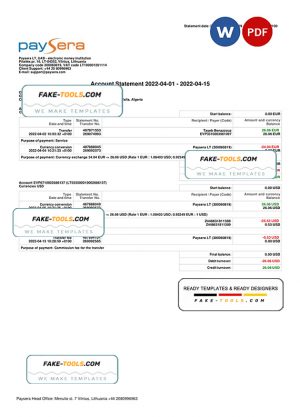 Lithuania Paysera account statement, Word and PDF template