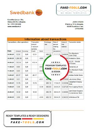 Lithuania Swedbank bank statement easy to fill template in .xls and .pdf file format