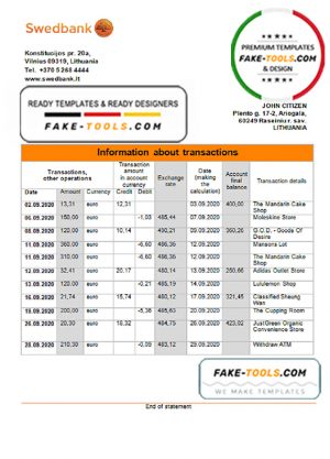 Lithuania Swedbank bank statement template in Word and PDF format