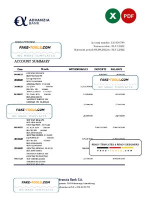 Luxembourg Advanzia bank statement Excel and PDF template