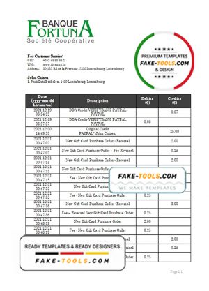 Luxembourg Fortuna Banque bank proof of address statement template in Word and PDF format, .doc and .pdf format