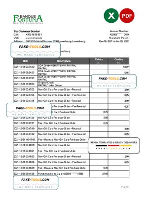 Luxembourg Fortuna Banque bank statement Excel and PDF template