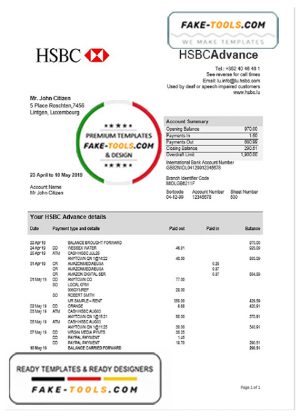 Luxembourg HSBC bank proof of address statement template in Word and PDF format, .doc and .pdf format