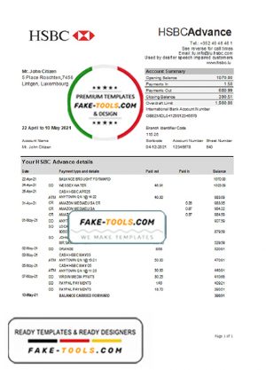 Luxembourg HSBC bank statement easy to fill template in Excel and PDF format Luxembourg HSBC bank statement easy to fill template in Excel and PDF format