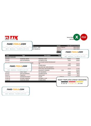 Macedonia TTK bank statement Excel and PDF template Macedonia TTK bank statement Excel and PDF template