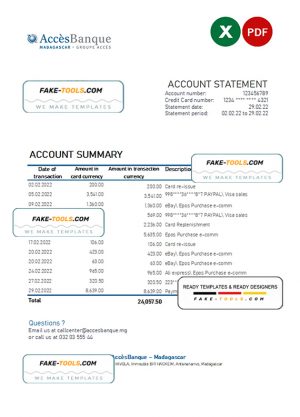 Madagascar Acces Banque statement Excel and PDF template Madagascar Acces Banque statement Excel and PDF template