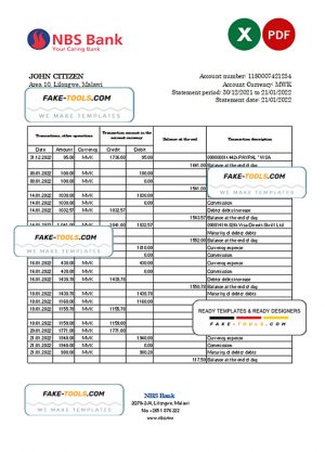 Malawi NBS bank statement Excel and PDF template Malawi NBS bank statement Excel and PDF template