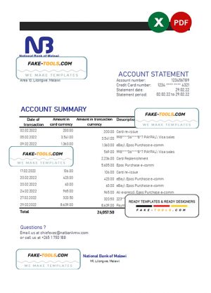 Malawi National Bank of Malawi bank statement Excel and PDF template Malawi National Bank of Malawi bank statement Excel and PDF template