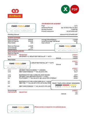 Malaysia AmBank bank statement Excel and PDF template Malaysia AmBank bank statement Excel and PDF template