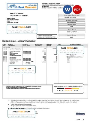 Malaysia Bank Muamalat bank account statement, Word and PDF template Malaysia Bank Muamalat bank account statement, Word and PDF template