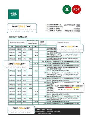 Maldives HBL bank statement Excel and PDF template