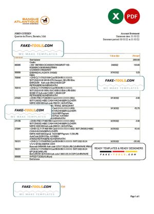Mali Banque Atlantiaque bank statement Excel and PDF template