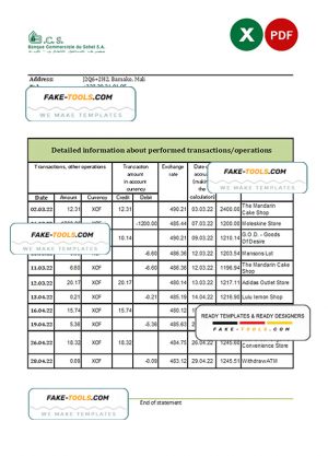 Mali Banque Commerciale du Sahel bank statement Excel and PDF template