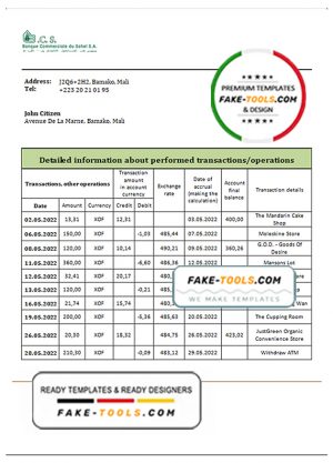 Mali Banque Commerciale du Sahel bank statement template in Word and PDF format, .doc and .pdf format