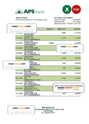 Malta APS bank statement Excel and PDF template