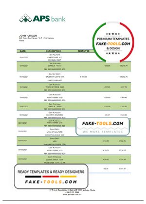 Malta APS bank statement template in Word and PDF format