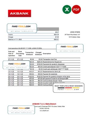 Malta Akbank bank statement Excel and PDF template