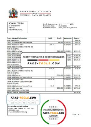 Malta Central Bank of Malta bank statement easy to fill template in Excel and PDF format