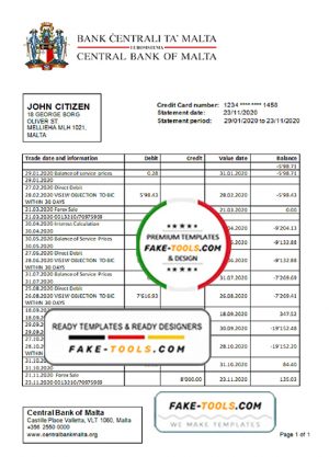 Malta Central Bank of Malta bank statement template in Word and PDF format